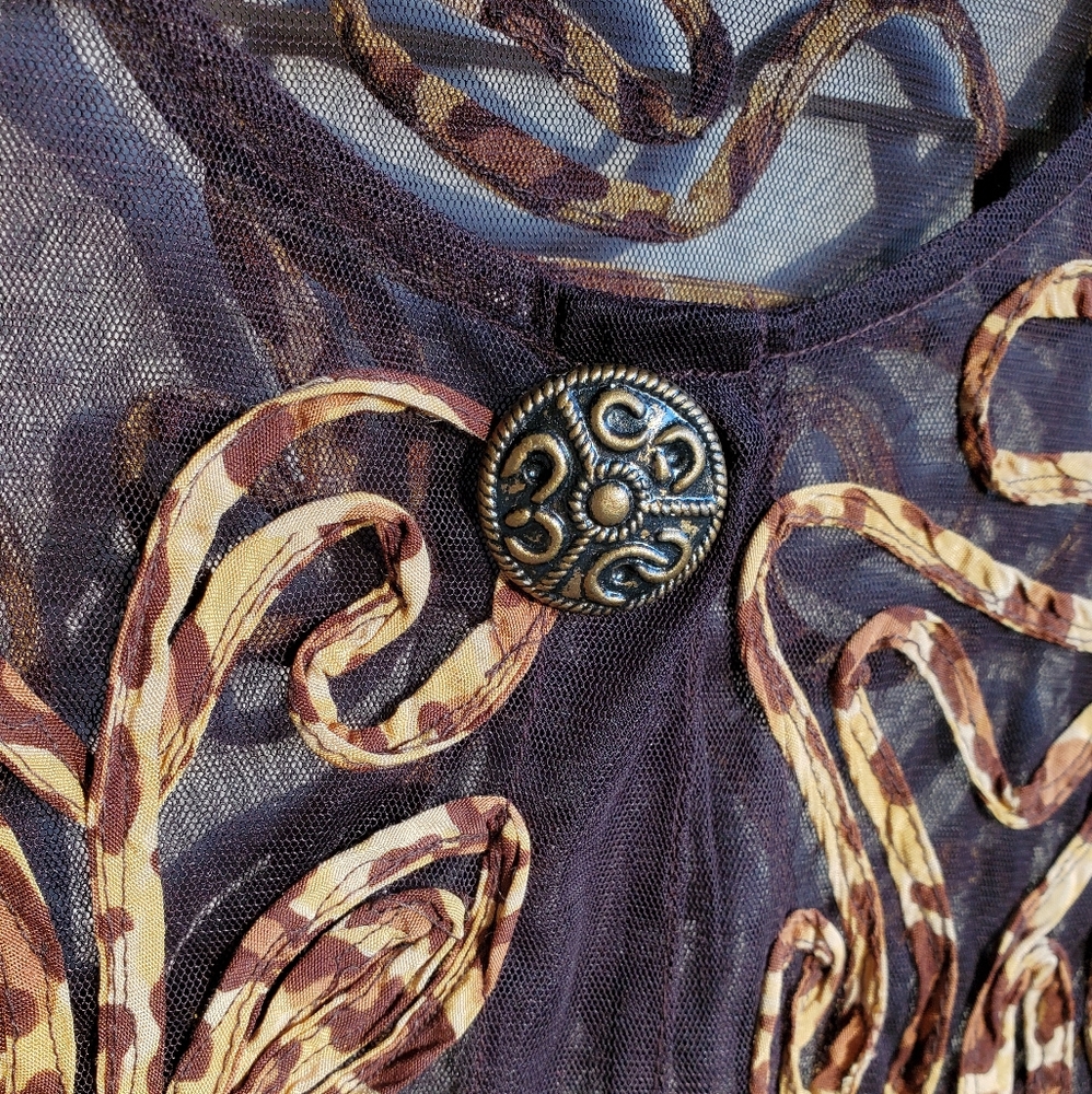 Chico's Brown Sheer Mesh Summer Cardigan w/Sewn-on Animal Print Leopard Swirls - Picture 11 of 16